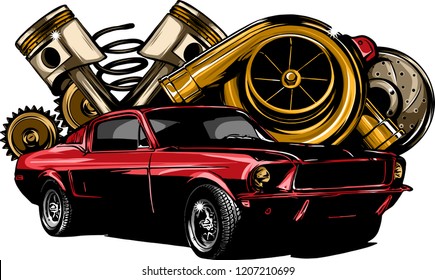 Vintage car components collection witn automobile motor engine piston steering wheel tire headlights speedometer gearbox shock absorber isolated vector illustration