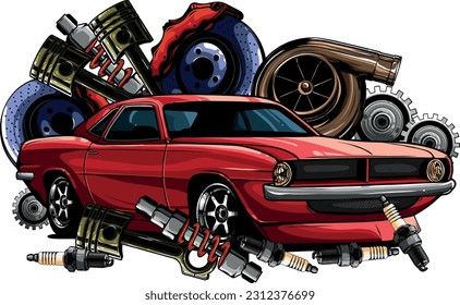 Vintage car components collection witn automobile motor engine piston steering wheel tire headlights speedometer gearbox shock absorber isolated vector illustration