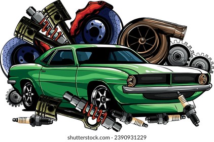 Vintage car components collection witn automobile motor engine piston steering wheel tire headlights speedometer gearbox shock absorber isolated vector illustration