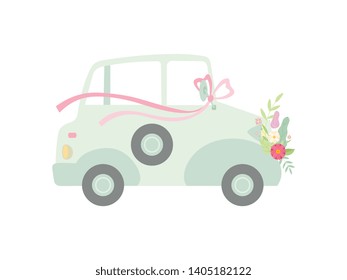 Vintage Car Decorated with Bow and Flowers, Wedding Retro Auto, Side View Vector Illustration
