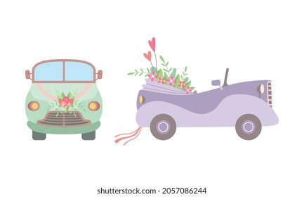 Vintage Car Decorated with Flowers and Ribbon as Wedding Retro Vehicle Vector Set