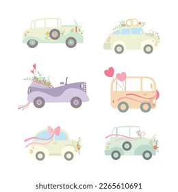 Vintage Car Decorated with Flowers and Ribbon as Wedding Retro Vehicle Vector Set
