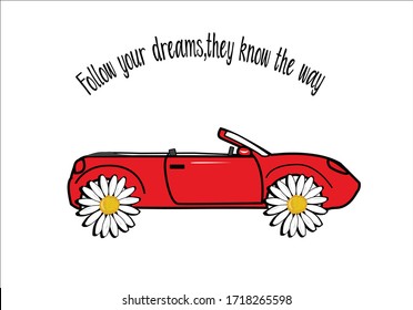 vintage car design lettering positive quote yellow car retro with quote lettering daisy an vintage car hand drawn design  fashion style motivational quote stationery