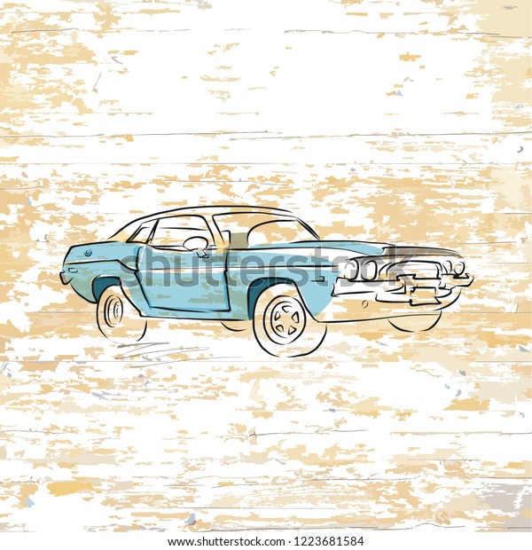 Vintage car drawing on wooden background. Vector\
illustration drawn by\
hand.