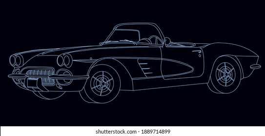 Vintage car drawing one light line on  the dark background