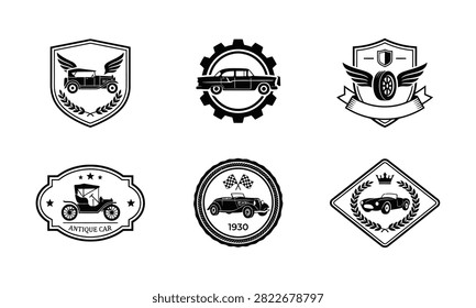 Vintage car emblems and retro auto badges collection, classic automobile labels with old vehicles.