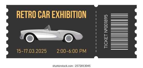 Vintage car exhibition coupon. Retro ticket design with classic corvette auto on dark background. 