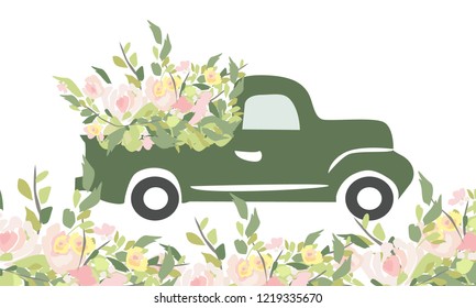 Vintage car with flowers. Engraving style. Vector illustration. Wedding car