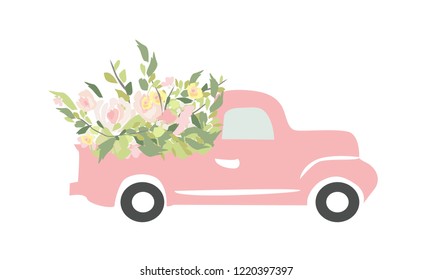 Vintage car with flowers. Engraving style. Vector illustration. Wedding car