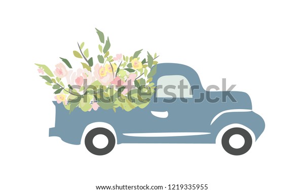 Vintage car with flowers. Engraving style. Vector\
illustration. Wedding\
car