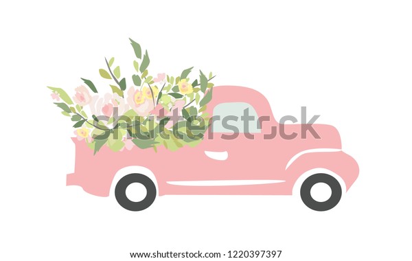 Vintage car with flowers. Engraving style. Vector\
illustration. Wedding\
car