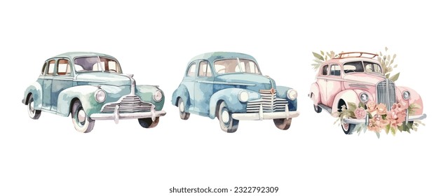 Vintage car flowers watercolor isolated on white background. Classic old car for wedding and invitation vector illustration