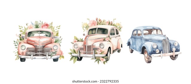 Flores de coches de época acuarela aislada sobre fondo blanco. El viejo coche clásico para la ilustración de la boda y del vector de invitación