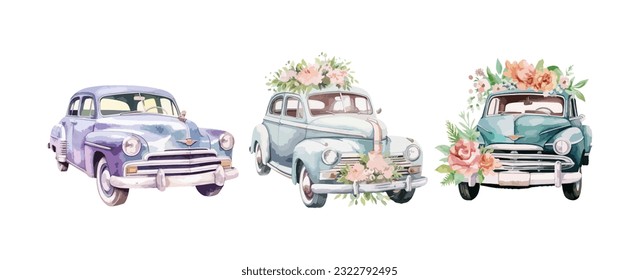 Vintage-Auto Blumen Aquarell einzeln auf weißem Hintergrund. Klassisches altes Auto für Hochzeiten und Einladung, Vektorgrafik