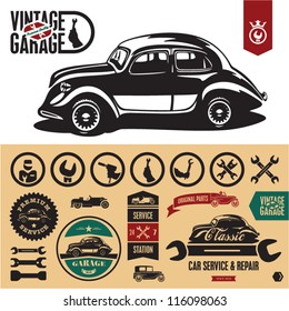 Vintage car garage labels and badges collection. Car service icons set.