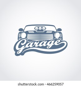 vintage car garage service logo, muscle cars tuning badge, monochrome vector hot rod and racing cars service icon