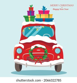 Vintage car with gifts on top