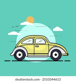 Vintage car going in road illustration, car vector icon