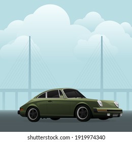 Vintage car. Green Sport car on background of