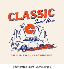 Vintage Car Hand drawn Illustration poster. Classic racing car club badge logo illustration vector 