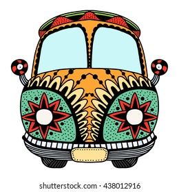 Vintage car. Hand drawn image. The popular bus model in the environment of the followers of the hippie movement. Vector illustration.