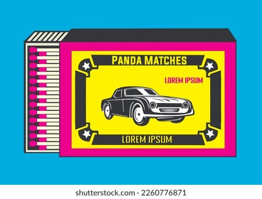 vintage car icon. illustration in Matchbox and matches vector illustration. Vintage and antique matchbox packaging design illustration. retro style packaging. old style design. open box and template.