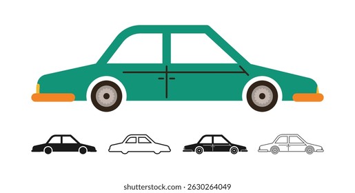 Vintage Car icon symbol cartoon set. Hand drawn cute automobile sports car in different styles colored silhouette, outline kid collection. Simple children funny auto transport icon vector illustration