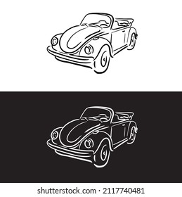 ilustración de coche vintage con líneas en blanco y negro. Vector de diseño de coches vintage de estilo europeo.