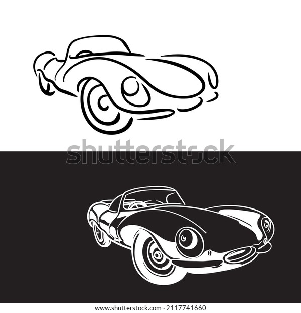 vintage car illustration with black\
and white lines. European style vintage car design\
vector.