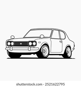 Vintage Car Illustration: A detailed black and white vector drawing of a classic car, perfect for coloring enthusiasts