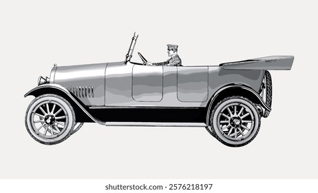 Vintage car illustration with a driver. Classic car design, vintage style. The driver is depicted in a classic outfit, emphasizing the vintage car theme. Vintage illustration isolated on white, vector