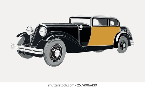 Vintage car illustration featuring a classic black and gold design. The vintage car showcases elegant lines and retro style, perfect for classic car enthusiasts. Vintage illustration isolated, vector.