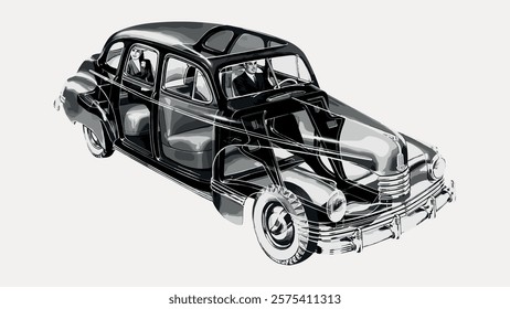 Vintage car illustration showing a classic vehicle with detailed cutaway view. The vintage car design highlights the intricate interior and exterior features. Vintage illustration isolated, vector.