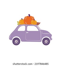 Vintage car illustration with small Halloween pumpkins on the roof. Autumn Thanksgiving quote on white background.