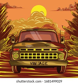 Vintage Car Illustration Of Sunset Theme