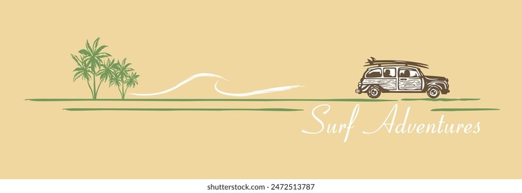 Vintage car illustration with surfboards. Art in composition with lettering.