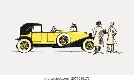 Vintage car illustration with three men in coats and hats. Classic car, vintage style, and historical attire. Retro vehicle and fashion scene. Vintage illustration isolated on white, vector.