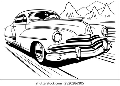 Vintage Car Line Art: Retro Illustration in Monochrome.Vintage car coloring page for adult and child.