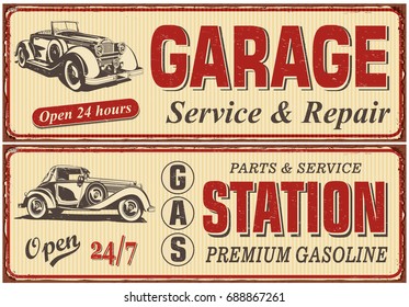 Vintage car metal sign collection.Garage,Gas Station retro poster.