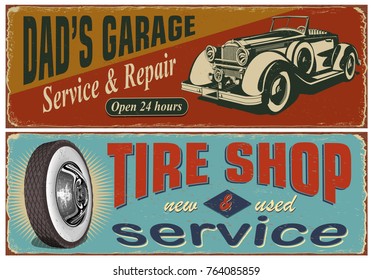 Vintage car metal sign collection.Garage,Tire Service retro poster.