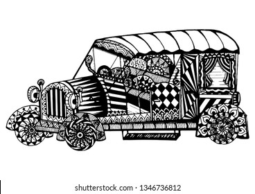 camión vintage una mini-camioneta en estilo zentangle.