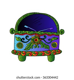 Vintage car a mini van in zentangle style. Hand drawing Illustration.