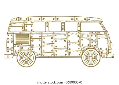 Vintage car a mini van in zentangle style. Hand drawn image. Monochrome vector illustration. The popular bus model in the environment of the followers of the hippie movement.