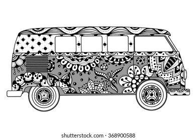 Vintage car a mini van in zentangle style. Hand drawn image. Monochrome vector illustration. The popular bus model in the environment of the followers of the hippie movement.