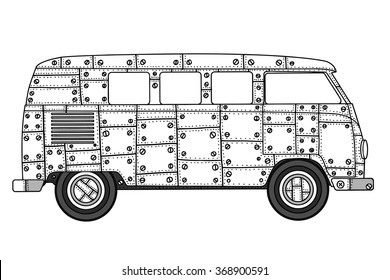 Vintage car a mini van in zentangle style. Hand drawn image. Monochrome vector illustration. The popular bus model in the environment of the followers of the hippie movement.