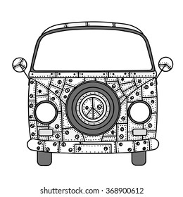 Vintage car a mini van in zentangle style. Hand drawn image. Monochrome vector illustration. The popular bus model in the environment of the followers of the hippie movement.