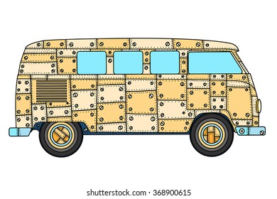 Vintage car a mini van in zentangle style. Hand drawn image. The popular bus model in the environment of the hippie movement. Vector illustration. 