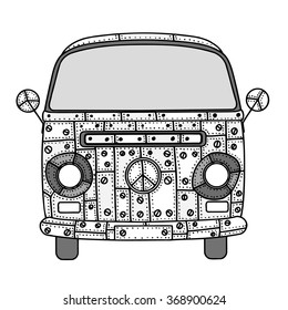 Vintage car a mini van in zentangle style. Hand drawn image. Monochrome vector illustration. The popular bus model in the environment of the followers of the hippie movement.