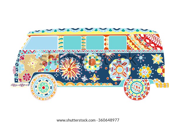 Vintage car a mini van in\
zentangle style. Hand drawn image. The popular bus model in the\
environment of the followers of the hippie movement. Vector\
illustration. 