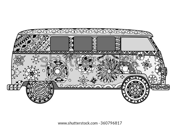 Vintage car a mini\
van in zentangle style. Hand drawn image. Monochrome vector\
illustration. The popular bus model in the environment of the\
followers of the hippie\
movement.